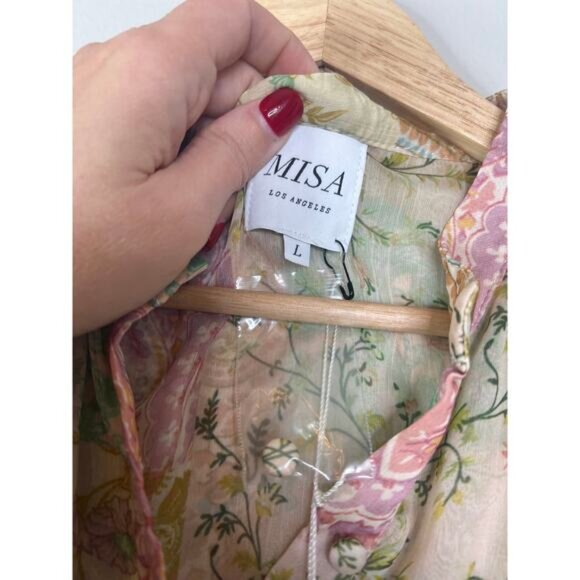 NWT MISA Los Angeles Evie Patchwork Smocked Cap Sleeve Lined Mini Dress Sz Large - Picture 5 of 7